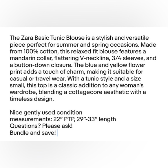 Zara Basic Tunic Blouse Button Down Blue Yellow Flower Print Sz Small 3/4 Sleeve - Picture 9 of 10